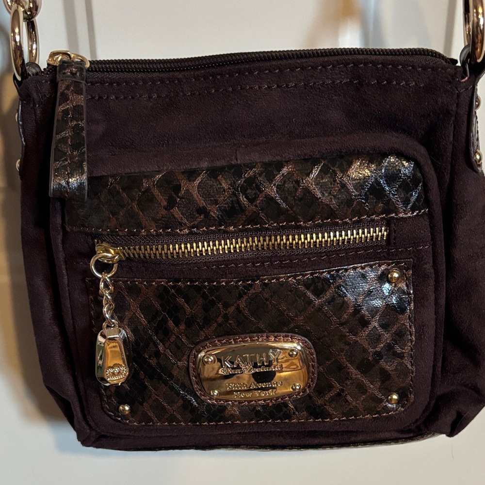Kathy Van Zeeland Dark Brown Crossbody Bag with Gold Accents